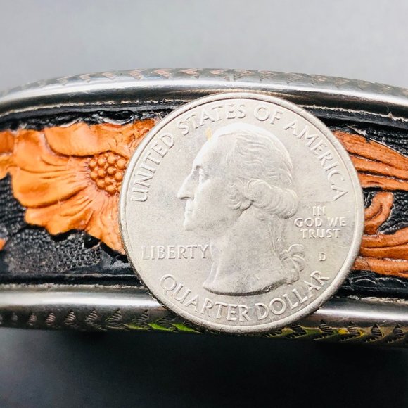 Vtg Peyote Bird Designer Tooled Leather Cuff Bracelet, Sterling Silver, 40.4 Gm - Picture 12 of 15